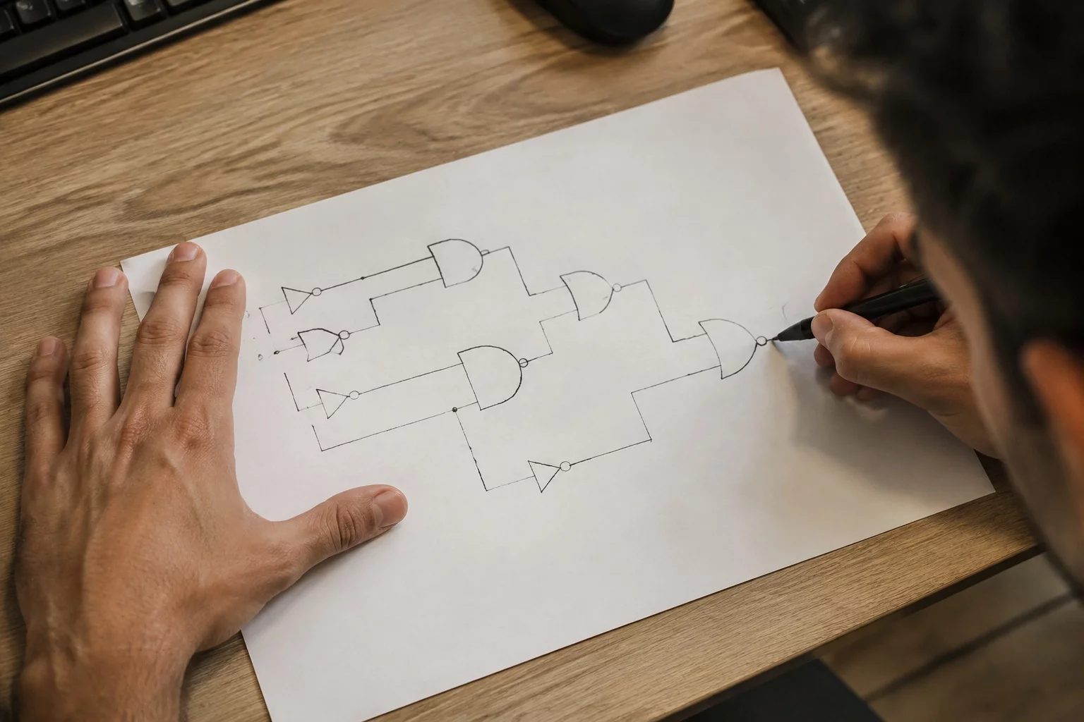 Vista de cima de uma mesa com um diagrama de lógica desenhado à mão