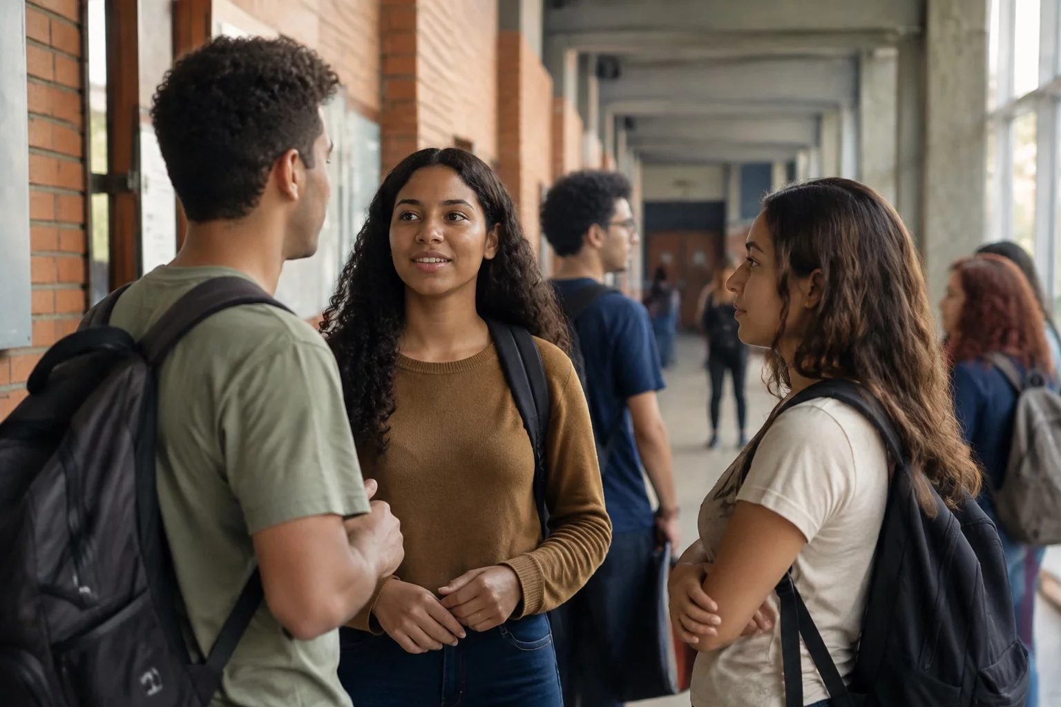 Estudantes com mochilas conversando no corredor de uma universidade