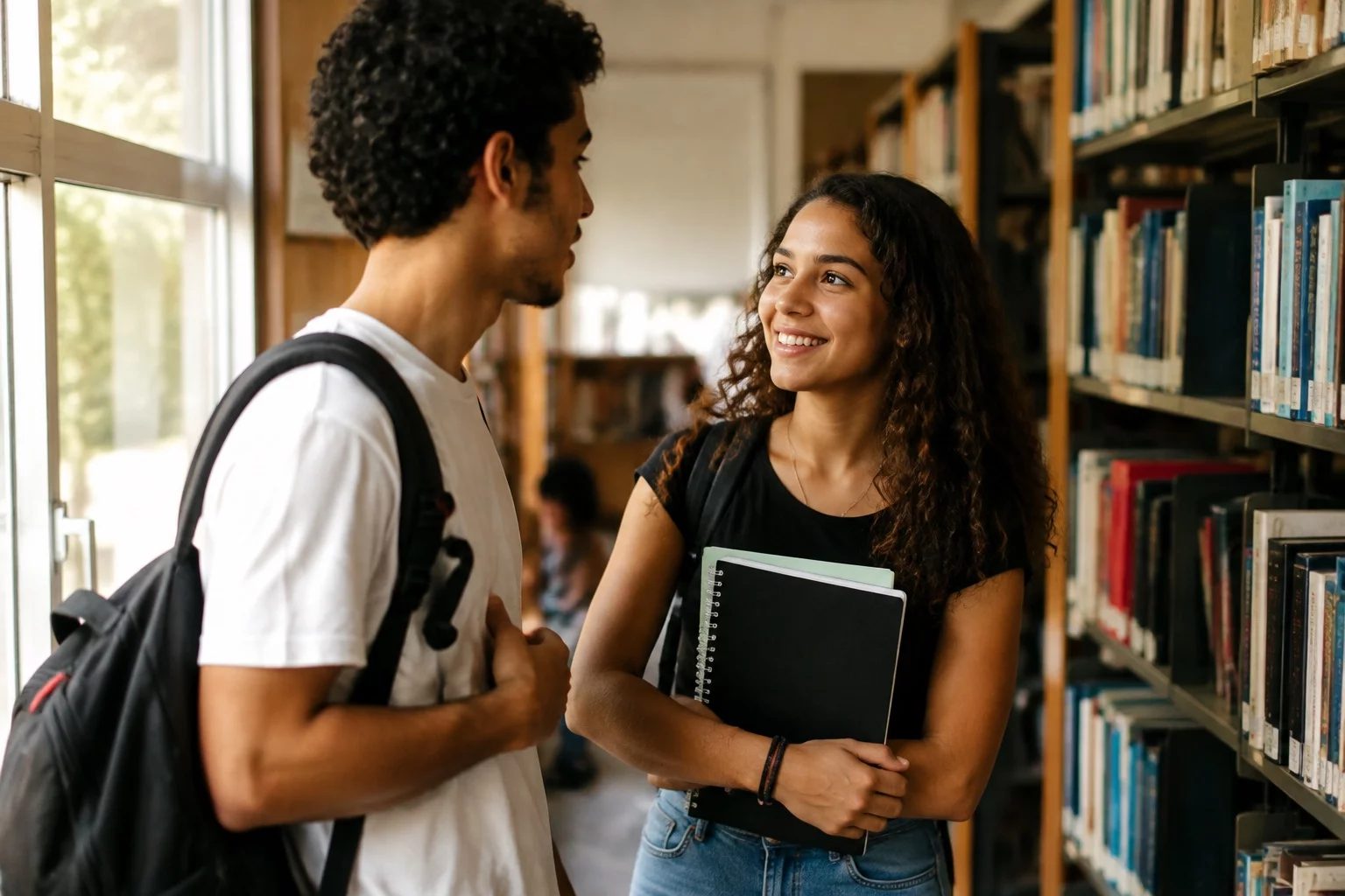 Estudantes conversando em pé entre as estantes de uma biblioteca