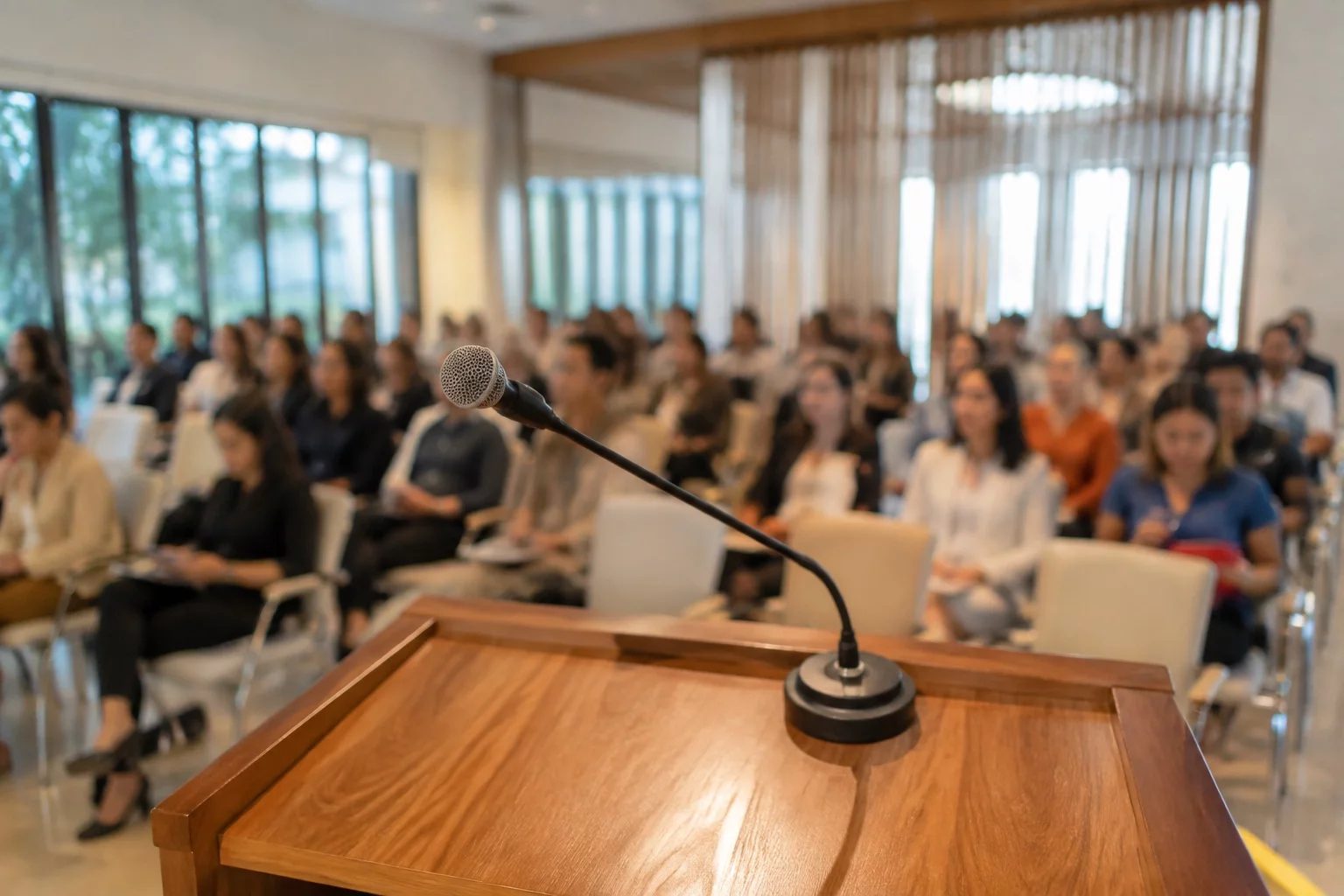Microfone sobre uma tribuna, com a plateia sentada desfocada ao fundo