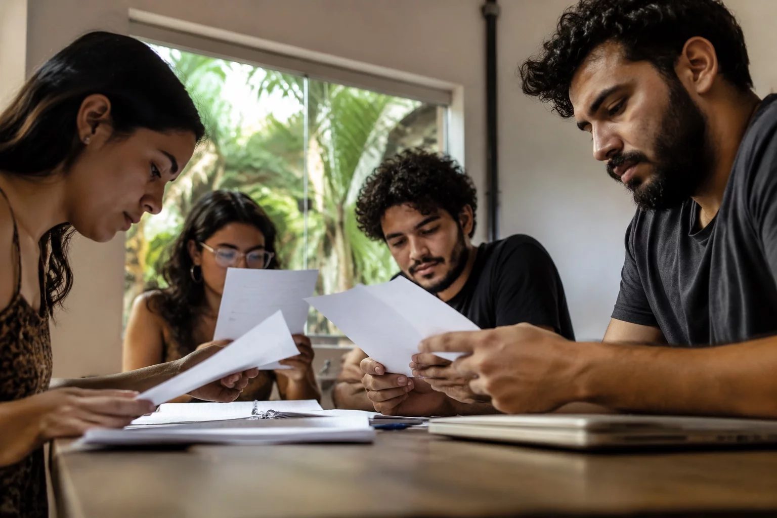 Grupo pequeno lendo páginas impressas de argumentos ao redor de uma mesa