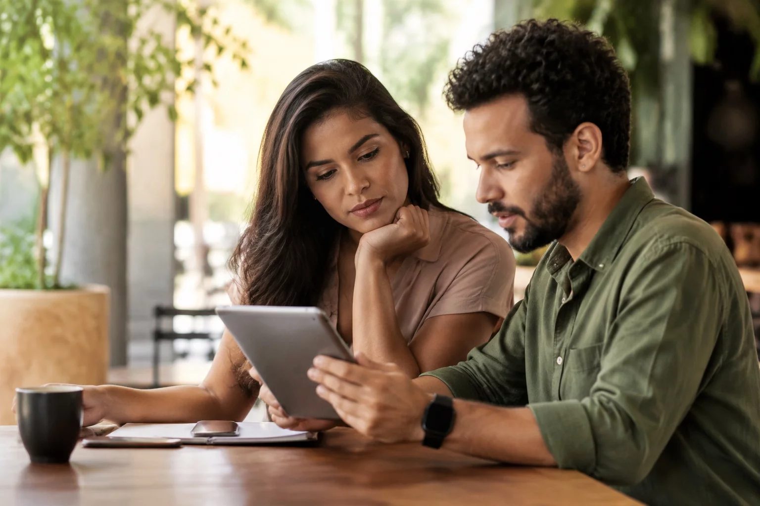 Duas pessoas revisando anotações em um tablet sobre uma mesa de madeira