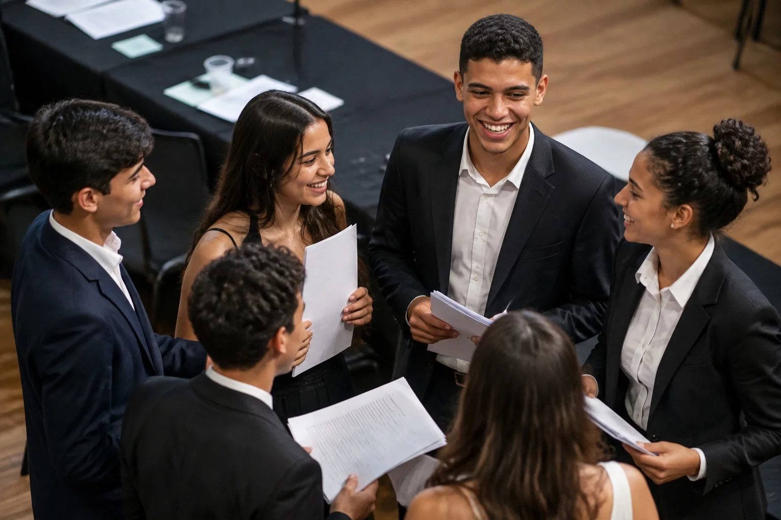 Grupo sorrindo após uma rodada de debate, com papéis nas mãos